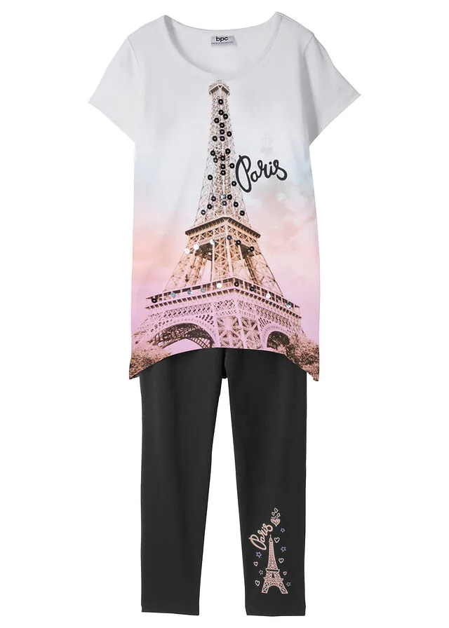 CAMISETA + LEGGINGS 3/4 PARA NIñAS (2 PIEZAS) DE ALGODóN ORGáNICO BLANCONEGRO